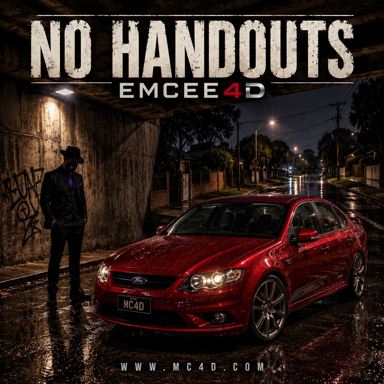 EMCEE4D album cover artwork for No Handouts: a masked figure in a hat beside a red car under an underpass at night