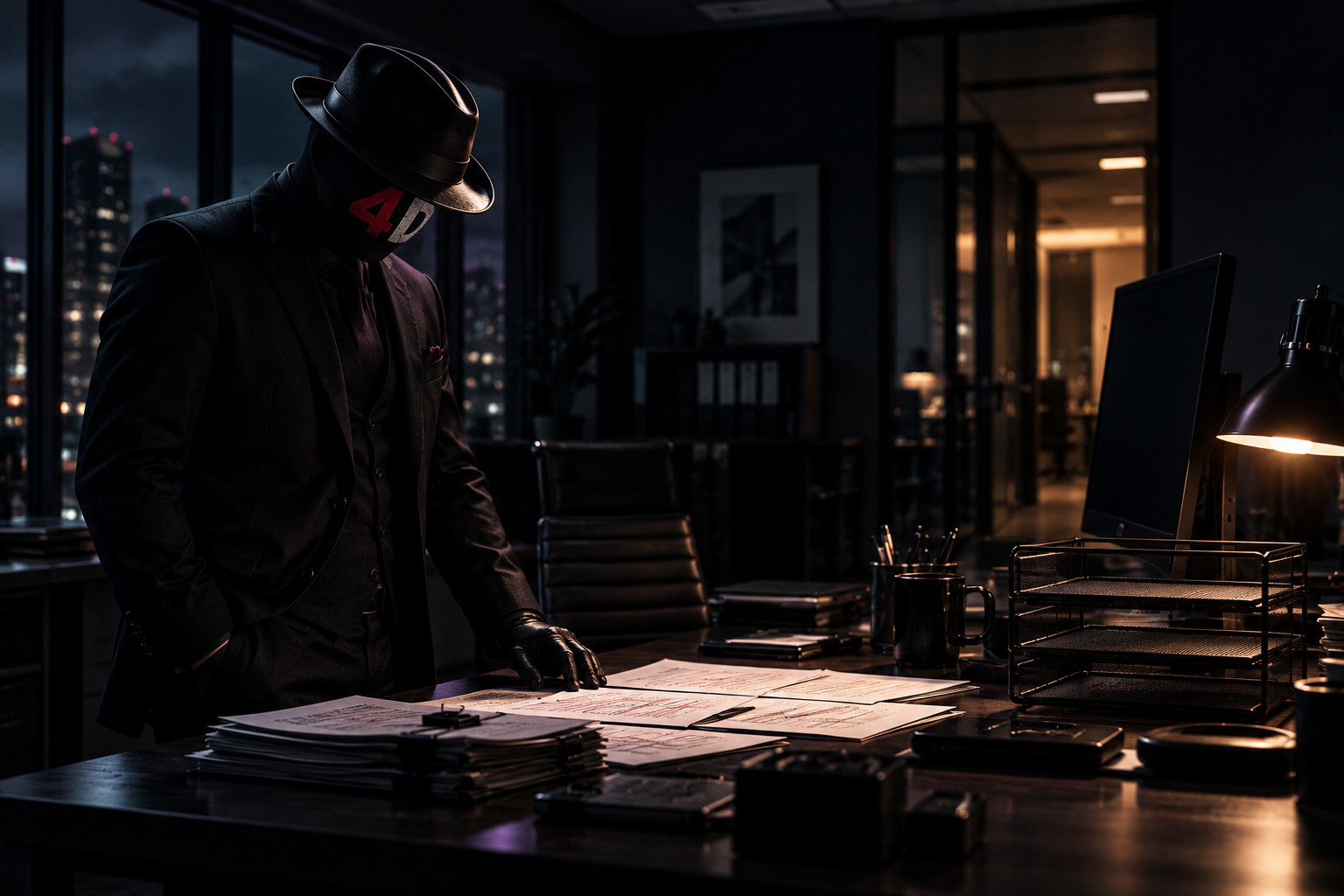 EMCEE4D, fully masked in a black suit and fedora, stands over papers at a desk in a dim after-hours office, beside an unlit monitor, with a city skyline behind him.