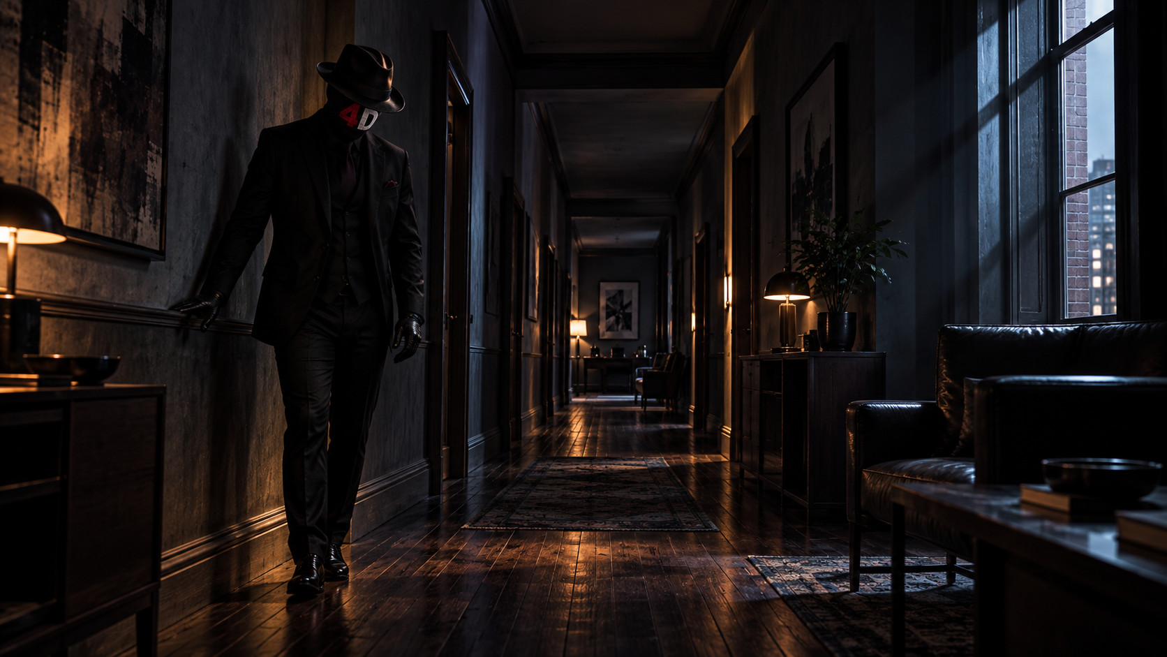EMCEE4D, masked in a black suit and fedora, walks along a dark panelled corridor lined with lamps and doors, with a city window at the right.