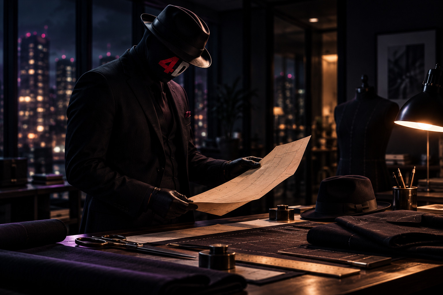 EMCEE4D, fully masked, studies a paper pattern at a tailoring worktable lit by a warm lamp, with cloth, scissors, a ruler, a fedora and a tailor's dummy nearby.