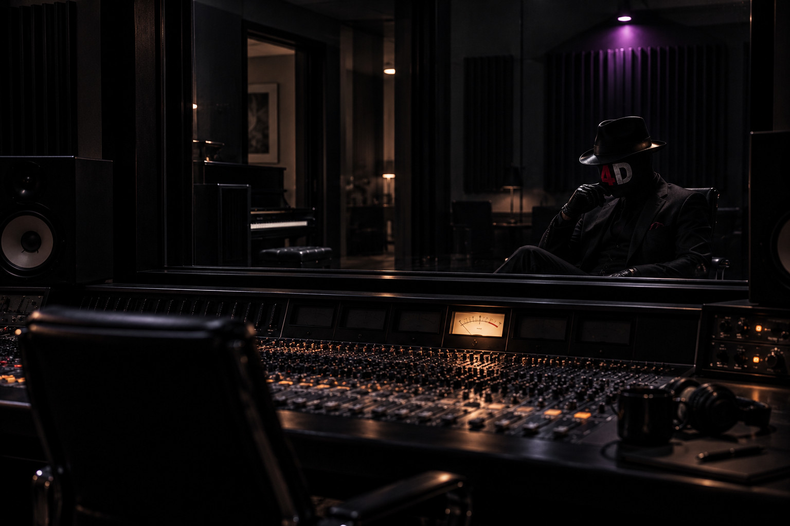 EMCEE4D sits in near silhouette beyond the glass of a dark audio control room, a gloved hand at his masked face, with an analogue mixing console and a lit level meter in the foreground.
