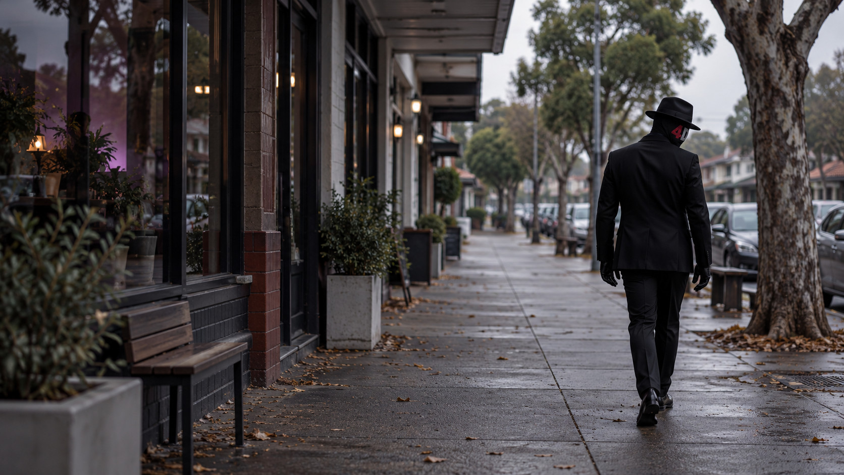 EMCEE4D, in a black suit and fedora, walks away along a wet suburban footpath past shopfronts and street trees on an overcast day.