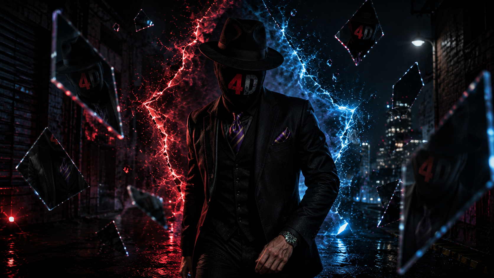 EMCEE4D surrounded by fractured reflections and contrasting red and blue light