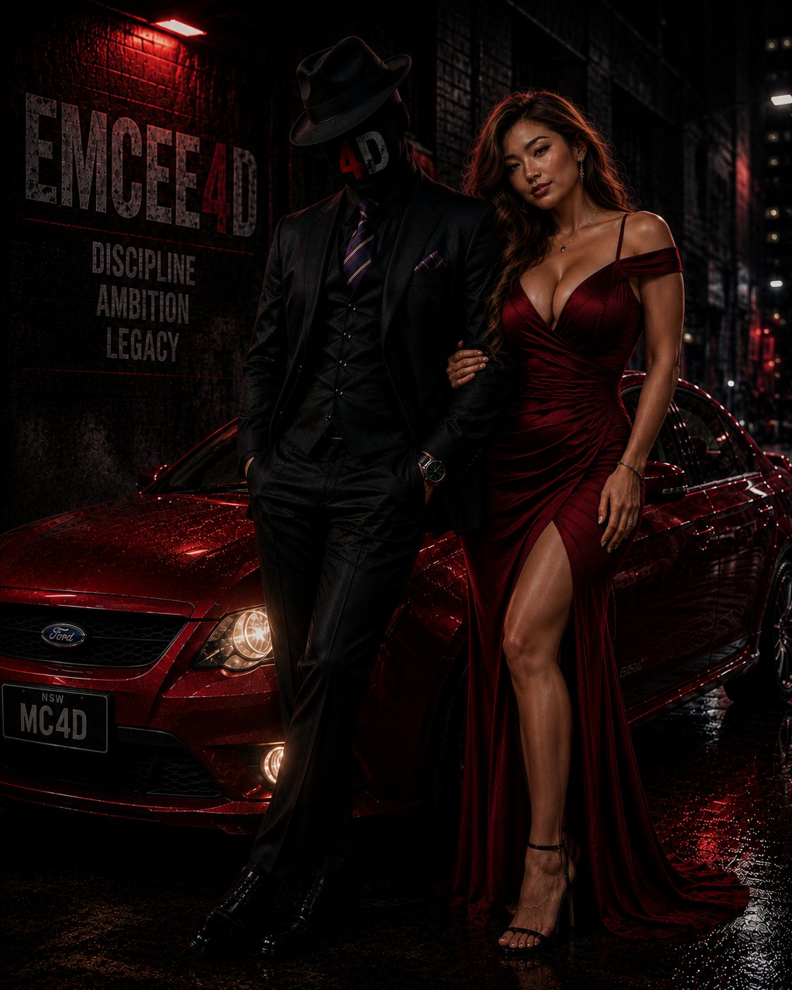 Masked EMCEE4D beside a red Ford Falcon in a rain-lit alley, with the EMCEE4D wordmark on the wall behind him