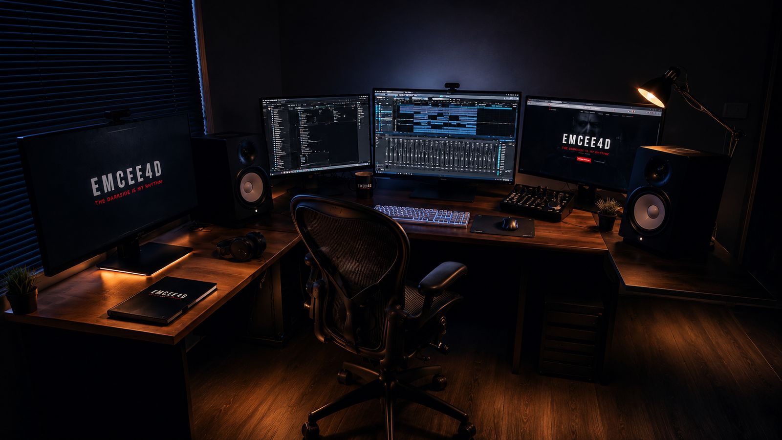 EMCEE4D studio setup with production monitors and mixing desk in low light