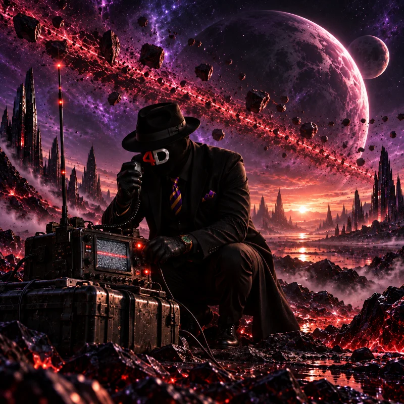 EMCEE4D crouched on dark rocks beside a rugged radio set with a tall antenna and a static-filled screen, a handset held to his masked face. He wears a black fedora, a dark suit and a full-face black mask with a red and white 4D emblem. A large cratered moon, a smaller moon and an asteroid belt fill a purple and red sky above crystalline towers and a red sunset.