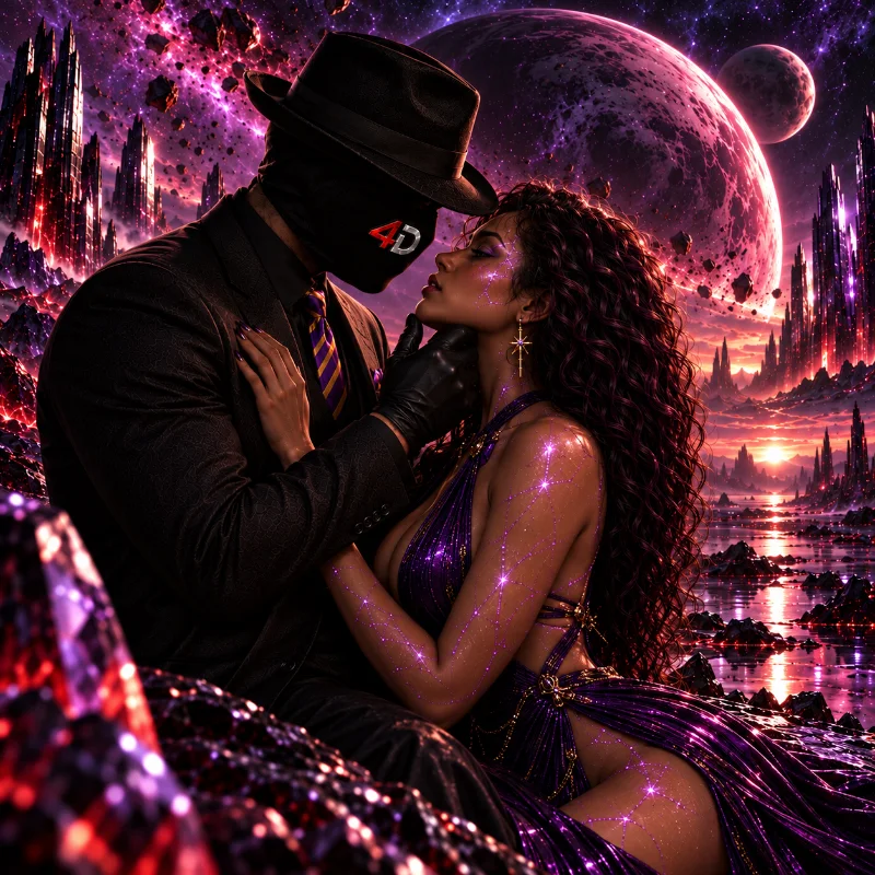 EMCEE4D in a black fedora, dark suit and full-face mask with a red and white 4D emblem, face to face with a woman with long curly dark hair in a purple dress, his gloved hand beneath her chin. Fine glowing lines trace across her skin. Behind them are a large cratered moon, crystalline towers and a sunset over still water.