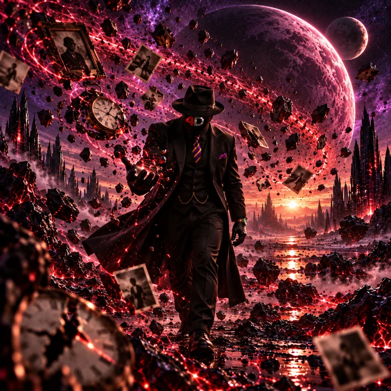 EMCEE4D in a long dark coat, fedora and full-face 4D mask walking across red-lit black rocks with one gloved hand outstretched, surrounded by floating old photographs, a pocket watch and fragments of rock. A large cratered moon and a sunset sit behind him.