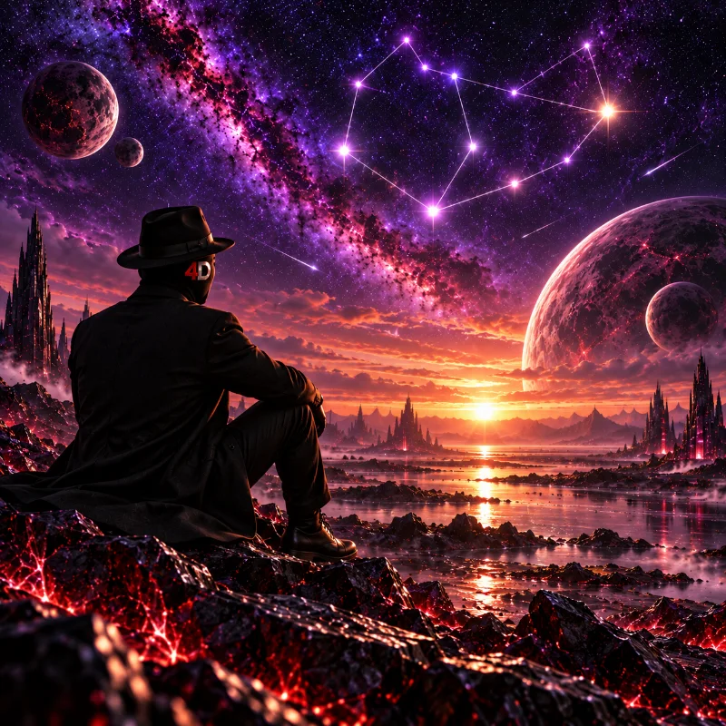 EMCEE4D seen from behind and to the side in a black fedora and coat, seated on glowing red-veined rocks and looking toward a sunset over a still alien sea. A constellation of connected bright stars, a galaxy band and two large moons fill the purple sky.