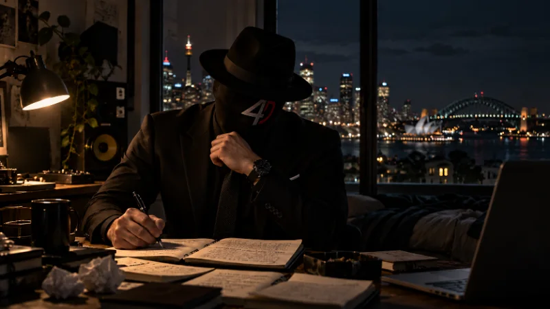 EMCEE4D in a black fedora, a full-face black mask with a white-and-red 4D emblem and a dark suit, seated at a desk at night writing in an open notebook with a pen. More notebooks, crumpled paper, a laptop, a mug and a lamp surround him, and through the window behind him the Sydney skyline, Sydney Tower, the Opera House and the Harbour Bridge are lit.