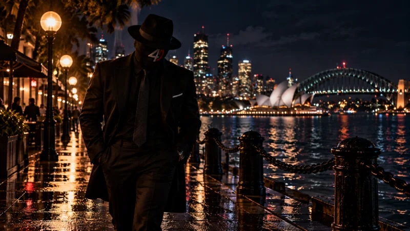 EMCEE4D, in a black fedora, 4D mask, dark coat and suit, walking with his head bowed and his hands in his pockets along a wet harbourside promenade at night. Street lamps glow along the path, and across the water are the Sydney skyline, the Opera House and the Harbour Bridge.