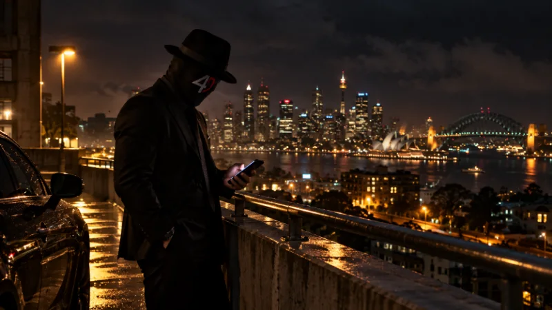 EMCEE4D in a black fedora, 4D mask and dark suit, standing at a concrete railing at night and looking down at a smartphone in his hand, beside a parked dark car. Beyond the railing, the lit Sydney skyline, Sydney Tower, the Opera House and the Harbour Bridge sit across the harbour.