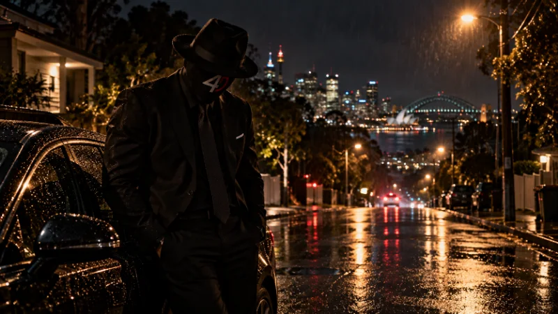 EMCEE4D in a black fedora, 4D mask and dark suit, leaning against the side of a parked dark car in the rain on a quiet residential street at night. The wet road runs downhill toward distant car lights, with the Sydney skyline, Opera House and Harbour Bridge visible beyond the trees.