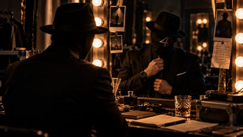 EMCEE4D seen from behind in a black fedora, facing a bulb-ringed mirror in a dressing room. His reflection, in a black suit, fedora and 4D mask, adjusts its tie. Pinned photographs and a handwritten note frame the mirror, and a glass with an amber drink, a perfume bottle, a notebook and equipment cases sit on the bench.