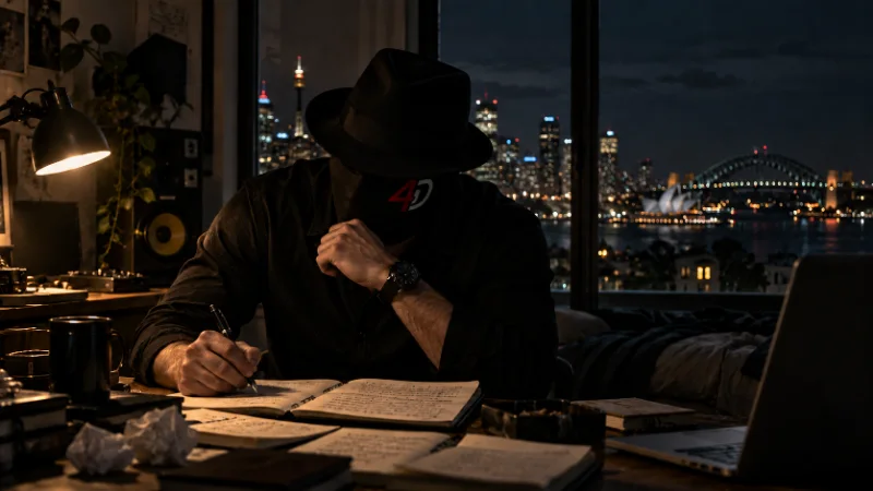 EMCEE4D at a desk at night with his head resting on one hand, wearing a black fedora, a full-face black mask with a red-and-white 4D emblem and a dark shirt, writing in an open notebook with a pen. A lamp, a studio monitor, a mug, crumpled paper, more notebooks and a laptop surround him, and the Sydney skyline, Opera House and Harbour Bridge are lit through the window.