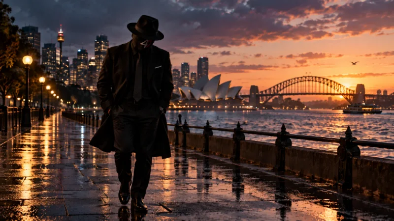 EMCEE4D, with his head bowed under a black fedora and his hands in his pockets, walking along a wet harbourside promenade at sunset past glowing street lamps. Across the water are the Sydney skyline, Sydney Tower, the Opera House and the Harbour Bridge against an orange sky, with a ferry on the harbour and a bird in flight.